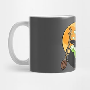 Witch Cat with Broomstick and Cauldron for Halloween Mug